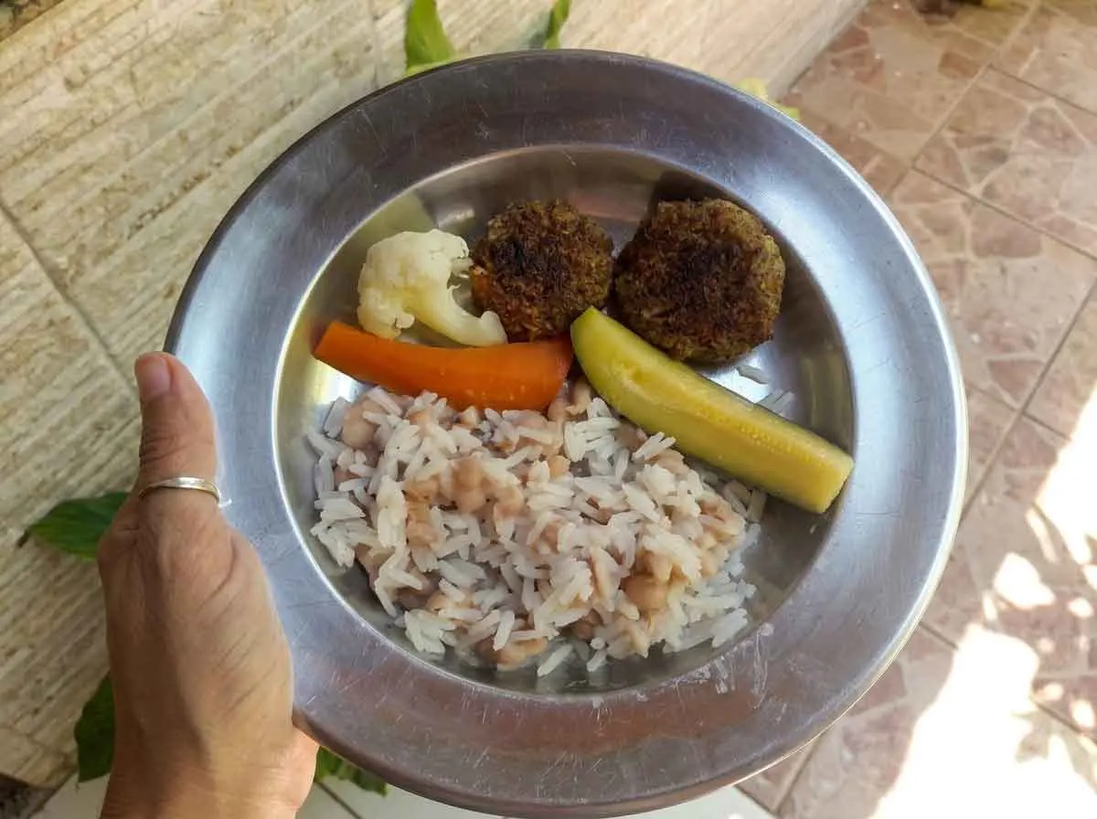 Prato de bebê de 10 meses com arroz e feijão, bolinhos assados, cenoura, couve-flor e abobrinha