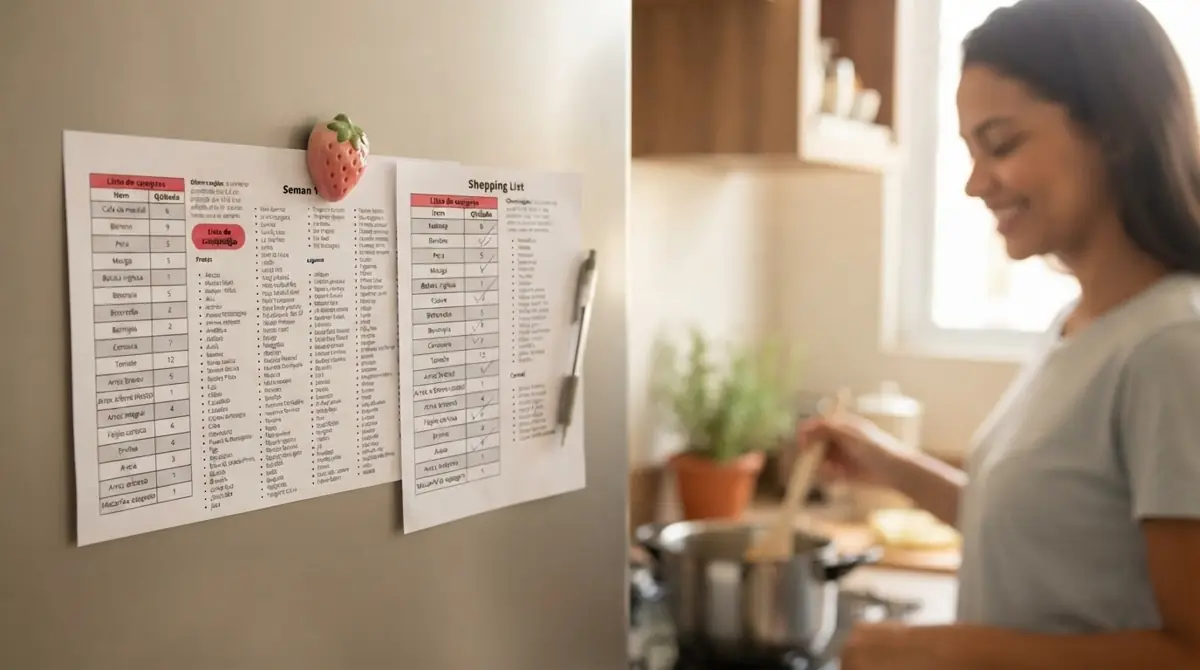 Mãe cozinhando com o cardápio semanal e a lista de compras presos na geladeira