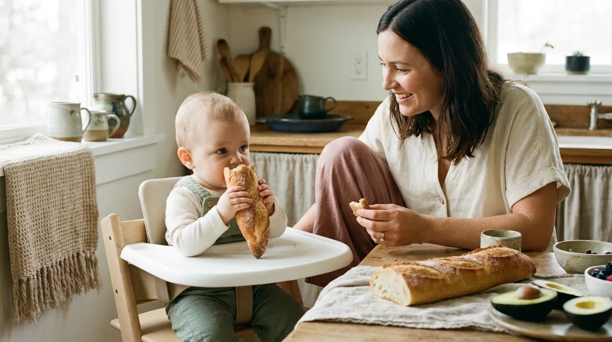 Foto sobre bebê pode comer pão francês