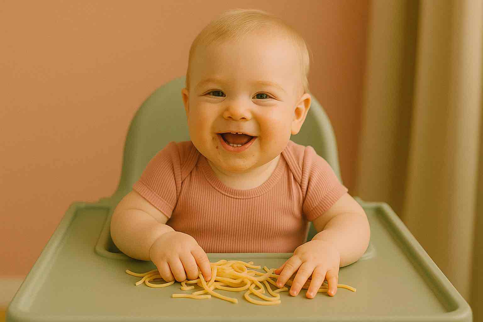 Cardápio para bebê vegetariano de 11 meses. Bebe vegetariano de 11 meses comendo macarrão