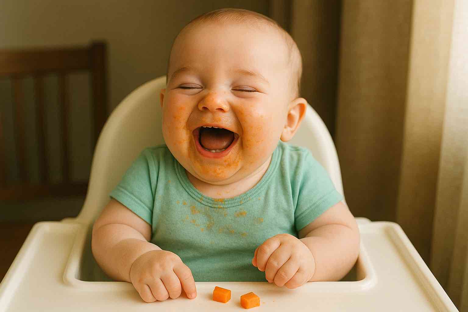 Bebê de 6 meses vegetariano comendo cenoura