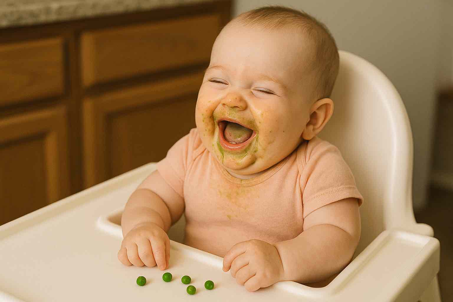 Bebê vegetariano de 7 meses comendo ervilha