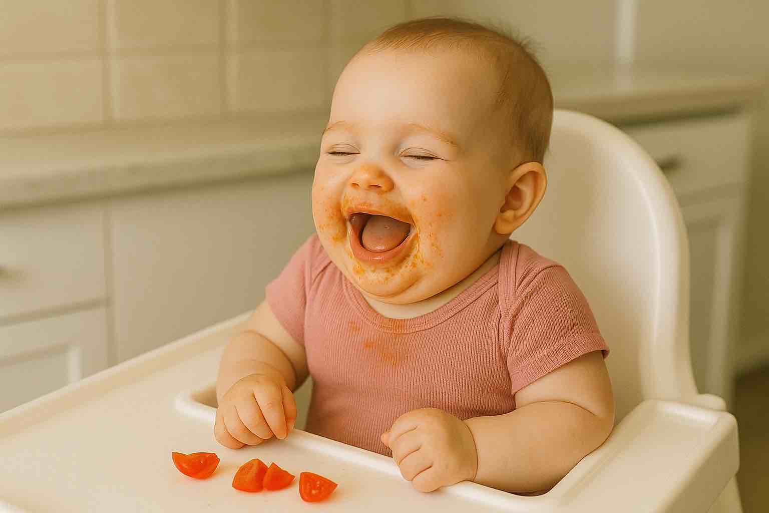 Bebê vegetariano de 8 meses comendo tomante