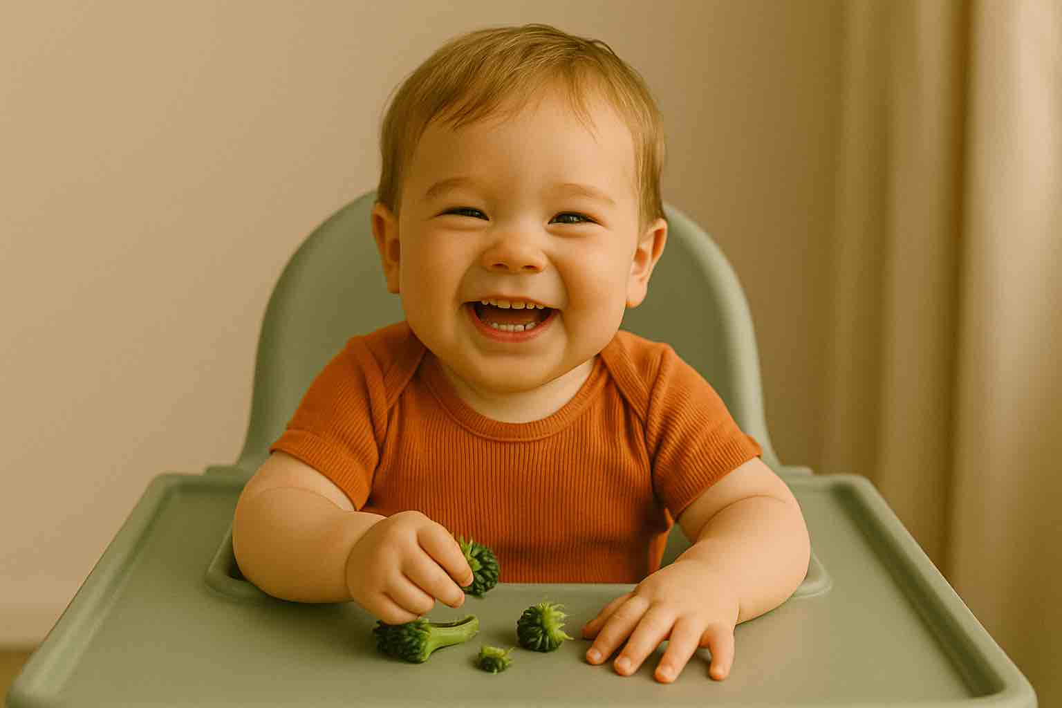 Cardápio para bebê vegetariano de 12 meses. Bebê de 1 ano vegetariano comendo brócolis