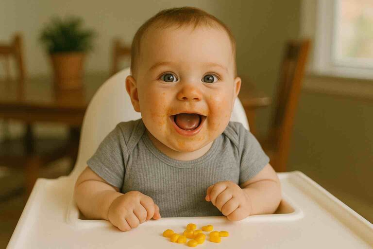 Bebe vegetariano de 9 meses comendo milho