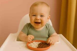 Bebe vegetariano de 10 meses comendo arroz e feijão