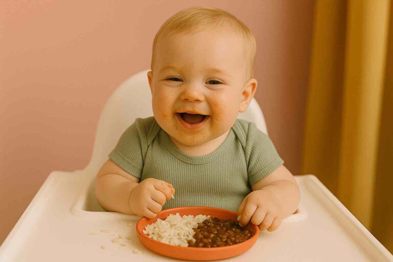 Bebe vegetariano de 10 meses comendo arroz e feijão